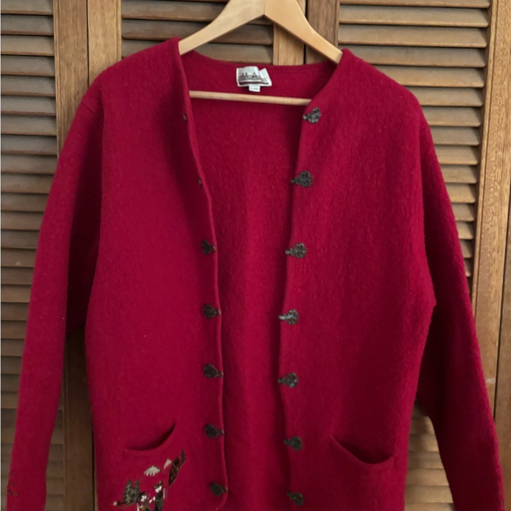 Red Cardigan Sweater with Embroidered Details